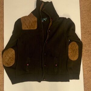 Ralph Lauren Olive Green Knit Cardigan with Brown Suede Elbow & Shoulder Patches